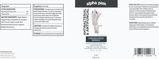Smiling Paws Pets Advanced Chlorhexidine & Ketoconazole Spray for Cats & Dogs Spray 8oz