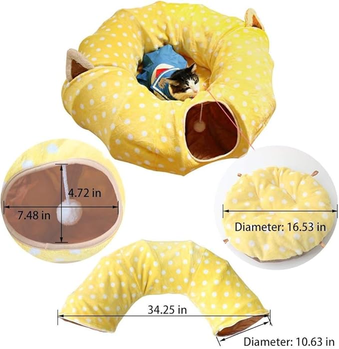 AUOON Cute Cat Donut Tunnel - Round Cat Tunnel Bed with Washable Cushion Interactive Cat Toy for Indoor Cats Kitten Kitty Puppy Rabbit Ferret (Yellow)