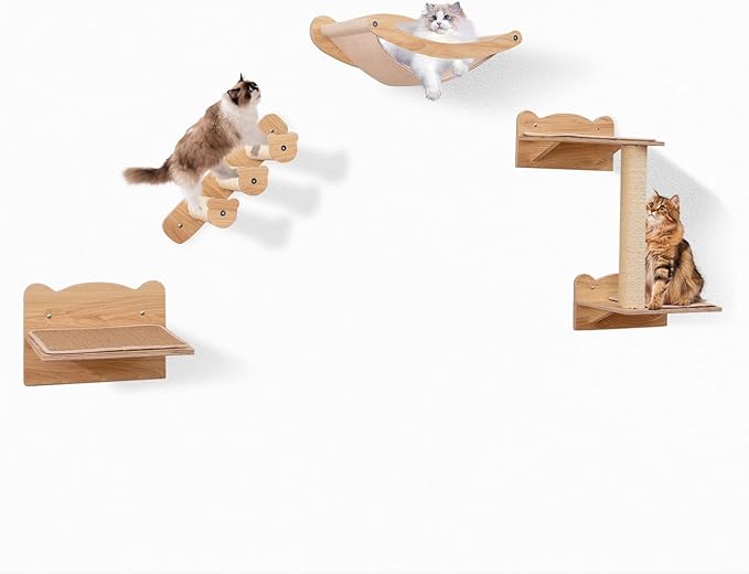 Tangkula Cat Wall Shelves, Wall Mounted 4pcs Kitten Furniture Set with Hammock, 2-Step Kitty Tree, Perch, Non-Slip Carpet Mat, Sisal Stairs & Scratching Posts, Wooden Cat Climber Steps (Natural)