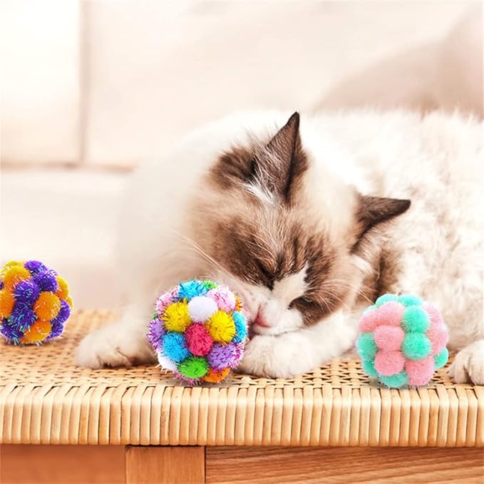 TUSATIY Cat Toys Ball with Bells 3PCS, Color Cat Pom Pom Balls,Tinsel Sparkle Balls,Interactive Toy for Indoor Cats Kitten