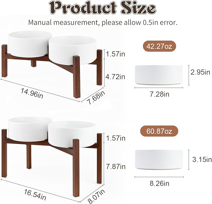 SPUNKYJUNKY Raised Ceramic Dog Bowls Set with Non-Slip Acacia Wood Stand for Large Sized Dog(60.87 OZ, White)