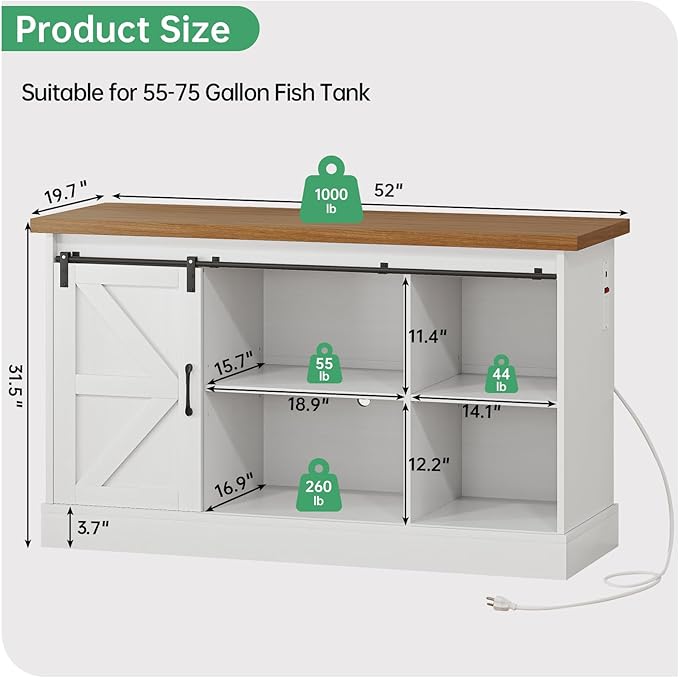 Fish Tank Stand Up to 75 Gallon, Aquarium Stand with Sliding Barn Doors & Power Outlet, White Farmhouse Style Stand with Cabinet Storage for Fish Tank, Turtle Tank, Reptile Terrarium,1000LBS Capacity