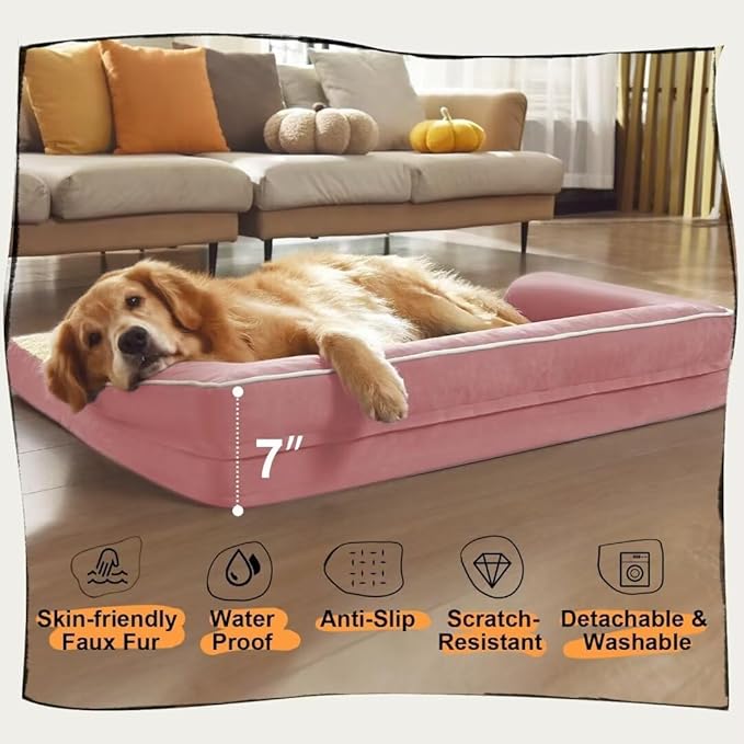 Extra Large Dog Bed-Orthopedic Waterproof XL Dog Bed for XLarge Extra Big Dogs - Foam Couch Sofa Washable with Removable Cover-Pink