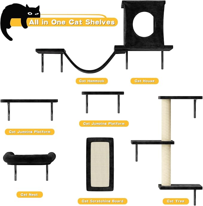 NUNU LAB Cat Wall Shelves, 6 Pcs Luxury Wall-Mounted Cat Climber Set, Indoor Cat Furniture with 1 Condos House, 2 Cat Wall Shelves, 1 Scratching, 1 Bridge Ladder, 1 Scratching Pad, Black
