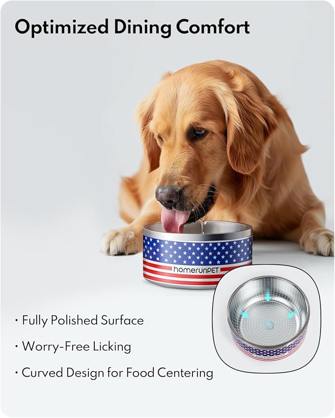 Homerunpet Double Wall Stainless Steel Dog Bowls, Non-Slip Base, Dishwasher Safe, Durable Pet Food & Water Bowl for Dogs & Cats(32oz, American Flag)