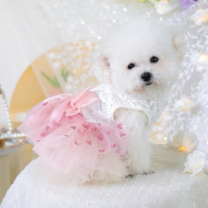 Dog Princess Dress with Heart Patterns & Bow Puppy Clothes for Small Dogs Girl Fancy Cat Birthday Outfit Pet Wedding Dresses (Pink White, Small)