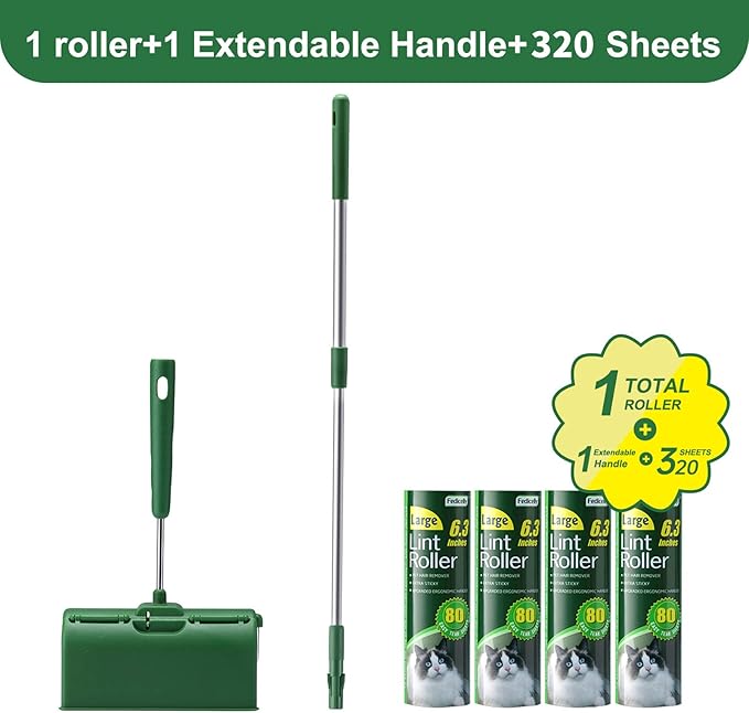 Fedicelly Large Lint Rollers Pet Hair Extra Sticky Floor, Cat Dog Hair Remover Laundry Clothes Carpet Furniture,6.3 inches Wider with 320 Sheets Giant Lint Remover Brush for Couch with Long Handle
