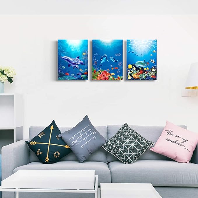 blue ocean fish 3 Pieces Framed Wall Art for Living Room Bathroom Wall Decoration Canvas Print Children's Bedroom Wall decor Office Kitchen Home Decoration Underwater World Watercolor Painting