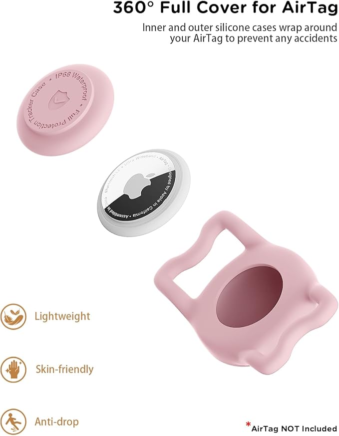 IP68 Waterpoof Dog Airtag Holder, Stretchy Silicone Full Body Covered Apple Air Tag Holder for Dog Cat Collar Fit All Width Collar (Pink, 1 Pack)