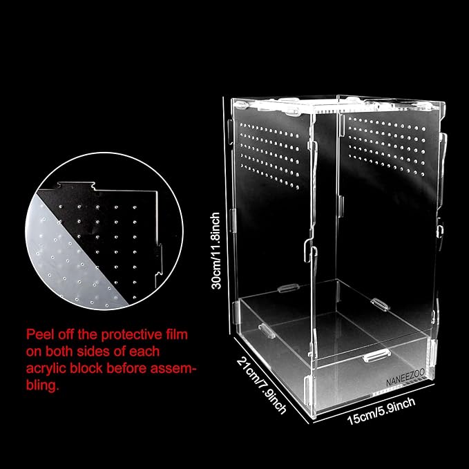 NANEEZOO Micro Habitat Terrariums with Locking Latch, 8x6x12 Inches Acrylic Reptile Tank with Water-tight Base, Arboreal Enclosure for Tarantula Jumping Spiders Small Tree Dwelling Reptiles (Arboreal)