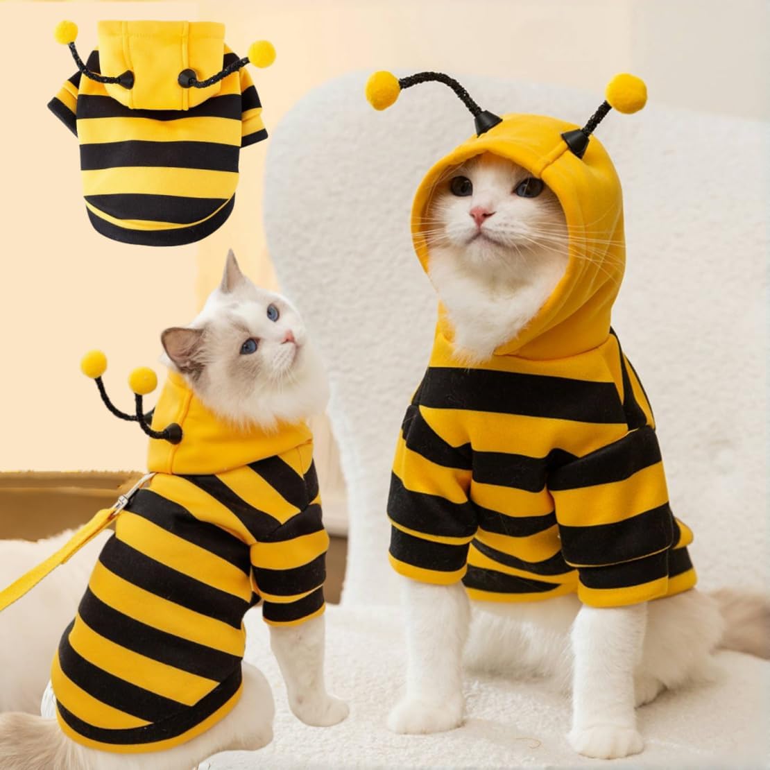 Cat Bee Antennae Costume Hoodies Cute Bee Stripes Dog Kitten Puppy Pet Apparel