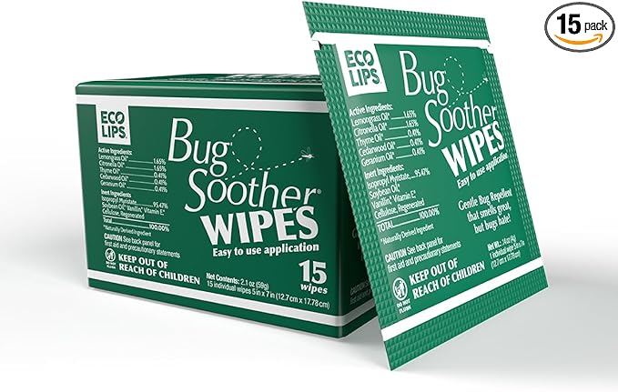 Bug Soother Wipes (15-ct) - Natural Mosquito Repellent & Deterrent - 100% DEET-Free Safe Single-Use Bug Wipes for Adults, Kids, & Pets - Made in USA