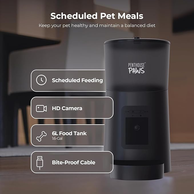 Smart HD Cat Feeder, 2 Way Audio + Voice Recording, Automatic Feeder for Dog with 1080p Night Vision Camera, WiFi App Controlled, Battery Backup, Anti Jam 6L Upto 15 Daily Meals, Black