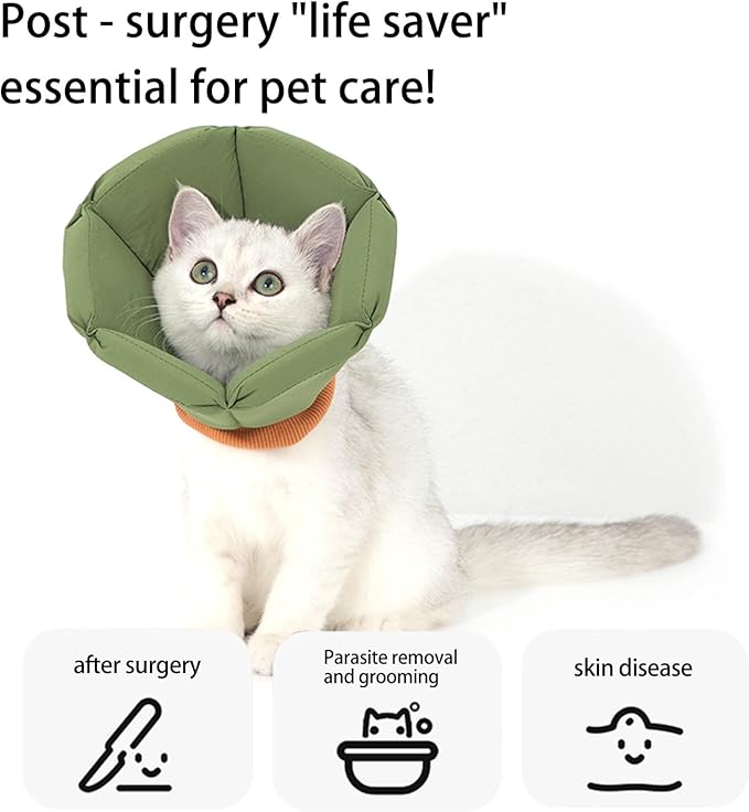 Cat Cone Collar - Soft Waterproof Elizabethan for Cats, Cute Green Flower Anti-Lick Recovery Collar, Adjustable Healing Collar for Wound Care & Surgery，M