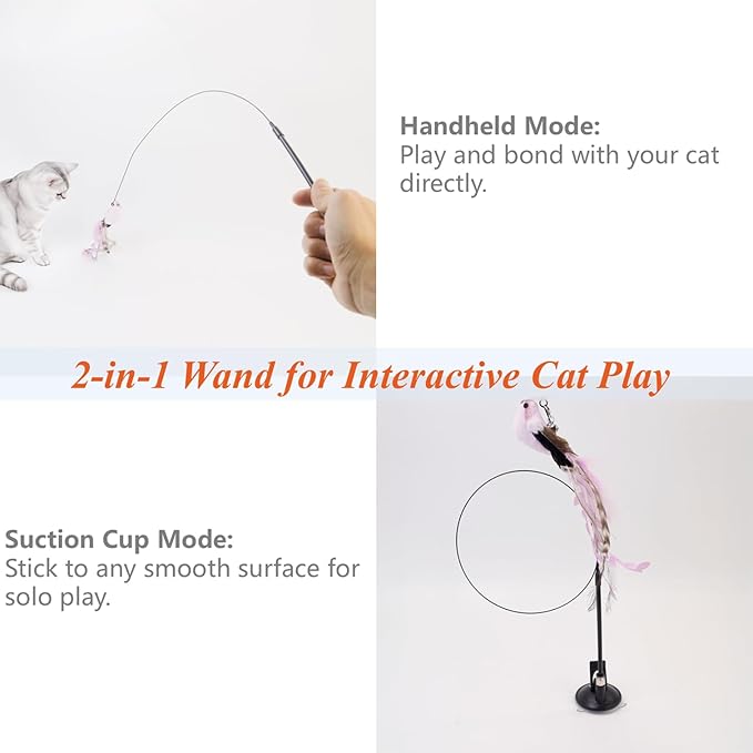 12PCS Interactive Cat Feather Wand Toy Set – 11 Bird & Feather Teaser Refills with Bells + Flexible Suction Cup Wand – Realistic Bird Design, Natural Materials, Indoor Cat Toys for Exercise & Play
