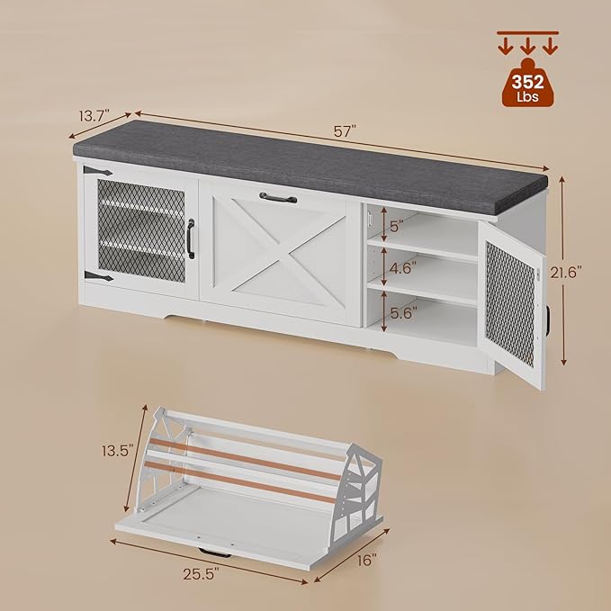 Farmhouse Storage Bench with Flip Drawers & Padded Seat Cushion, Half Hidden Shoe Rack Organizer, Adjustable Shelf Shoe Cabinet for Large Family, Entryway, Bedroom, Living Room (White)