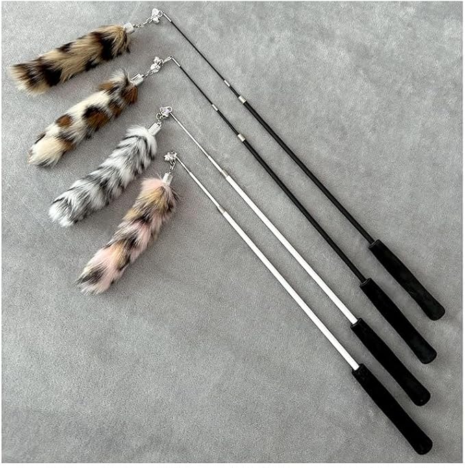 Interactive Cat Wand Toy with Cat Dancer, Retractable Feather Fox Tail Teaser for Indoor Cats, Enrichment Play Kittens to Senior Cats(Moon Grey)