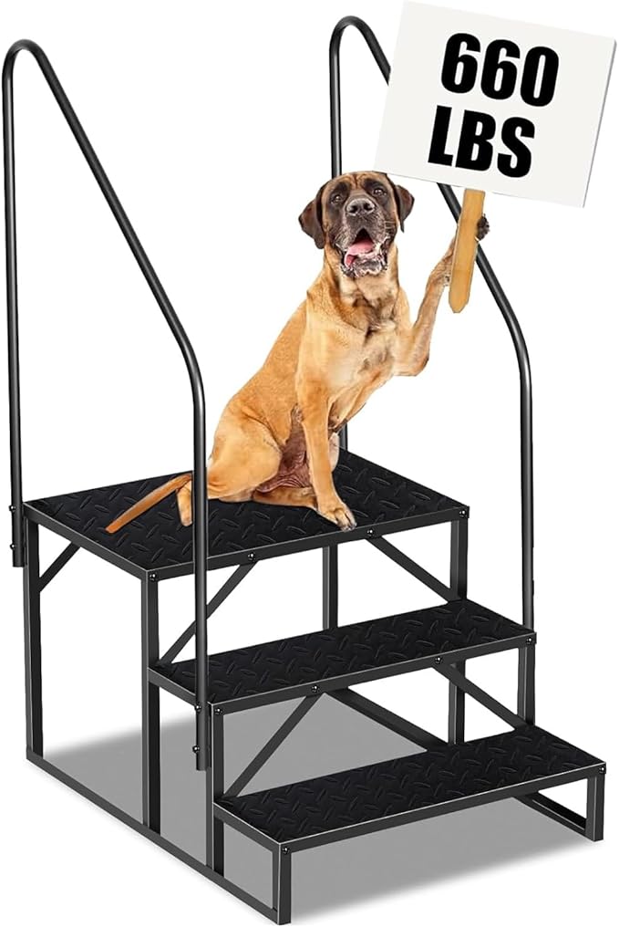 RV Step 3 Step Ladder, Upgrade RV Step with Handrails, Heavy Duty RV Stairs with Anti-Slip Pedal Hot Tub Steps, Removable Camper Step for Spa/Porch/Pet/Mobile Home（2 Handrails