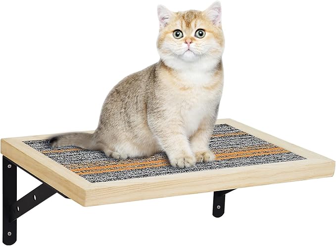 Handcrafted Wood Cat Perch & Shelves - Floating Shelf with Cat Hammock Seat, Lounge Bed, Climbing Steps for Relaxing, Playing and Scratching