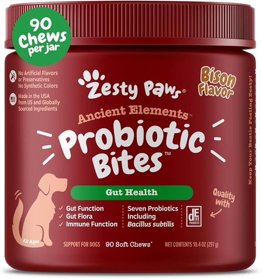 Zesty Paws Probiotics for Dogs, Digestive Enzymes Gut Flora, Digestive Health, Diarrhea & Bowel Support, DE111, Dog Probiotics Soft Chew for Pet Immune System, Chicken, 90 Ct