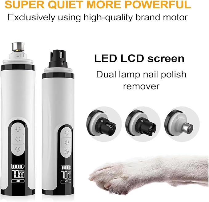 Upgrade Heusom Groom Pro Nail Grinder Cordless with LED Light & 3 Speeds, Dog Cat Nail Trimmer 2000mAh Long-Lasting Battery for Thick Nails for Dogs and Cats (1 Pc+1 Head)