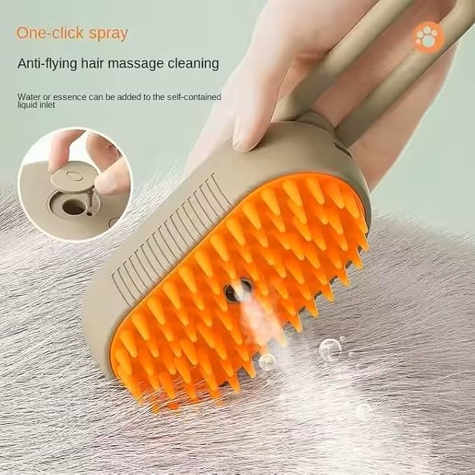 3-in-1 Steam Pet Brush for Cats & Dogs – Self-Cleaning Grooming Comb with Spray Mist, Massage & Shedding, Rechargeable USB, Anti-Static, Foldable Handle (TAN)