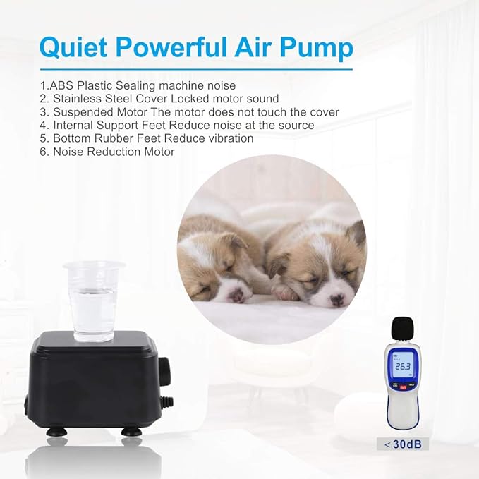 hygger Small Quietest Aquarium Air Pump, Adjustable Oxygen Pump 2 Air Outlets Ultra Silent Powerful Aerator Pump 160GPH 5W