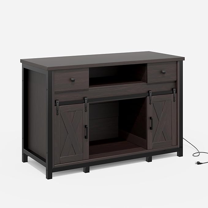 Miereirl 55-75 Gallon Fish Tank Stand with Power Outlet – Heavy Duty Aquarium Stand, Rustic Farmhouse Style, 800 lb Capacity, Adjustable Storage & Sliding Barn Doors, Dark Brown