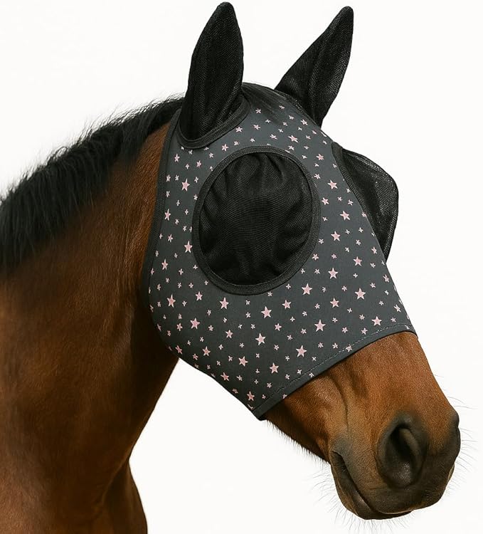 Horse Fly Mask - Durable Equine Fly Mask with Full Coverage for Eye & Ear - Stretchable, UV & Sun Protection Flymask for Horses, Ponies & Mini Horses - Horse Face Cover for Pasture & Trail - Stars
