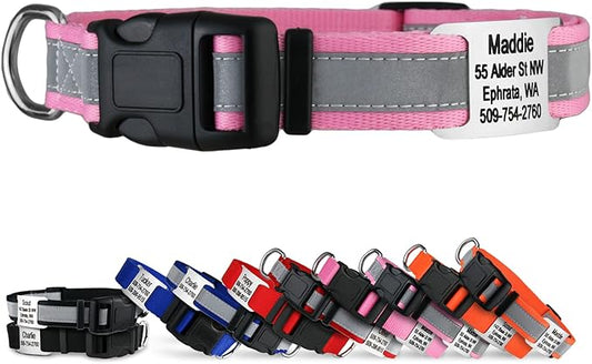 GoTags Reflective Personalized Dog Collar with Nameplate, Adjustable Dog Collar with Custom Engraved Steel Slide On Pet ID Tag, Silent, No Noise Dog Tag for Large Medium or Small (Pink, Medium)