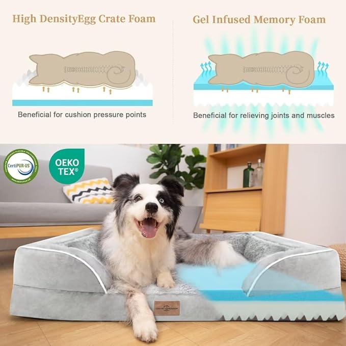 Comfort Expression Cooling Dog Bed, Orthopedic Memory Foam Dog Bed, Jumbo Beds for Extra Large Dogs, Large Breed Dogs Beds Waterproof with Bolster & Removable Cover(Jumbo,Light Grey)