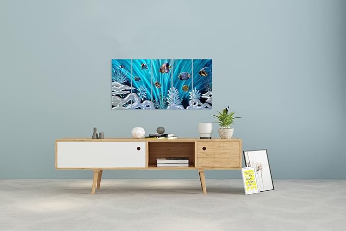 SYGALLERIER Fish Metal Wall Art Hand Crafted Large 3D Sea Life Pictures Modern Abstract Coastal Aluminum Artwork Contemporary Sculpture for Living Room Bedroom Dinning Decor