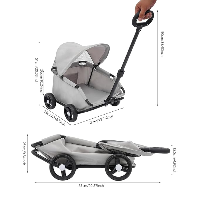 Small Dog Stroller, Pe4-Wheel Portable Dog & Cat Stroller with Semi-Open Design, Foldable Pet Cart with Canopy for Small Dogs or Cats Weighing Less Than 15.43 Pounds (Grey)