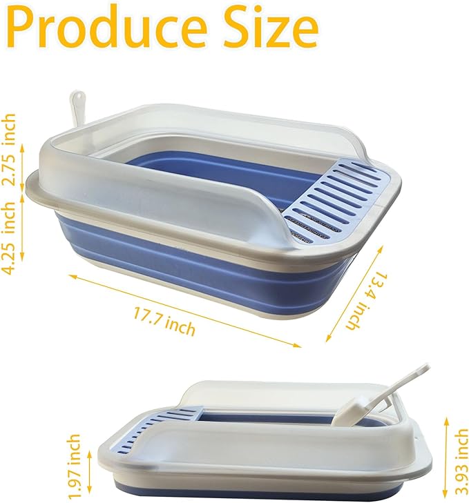 Open Cat Litter Box with High Side, Anti-Splashing Kitty Litter Pan Collapsible Travel Litter Potty Pan Scoop Leak-Proof Pedal Cat Toilet No Smell Easy Clean (M Blue High Side)
