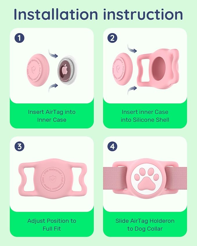 IP68 Waterpoof Dog Airtag Holder, Stretchy Silicone Full Body Covered Apple Air Tag Holder for Dog Cat Collar Fit All Width Collar (Blue/Pink, 2 Pack)