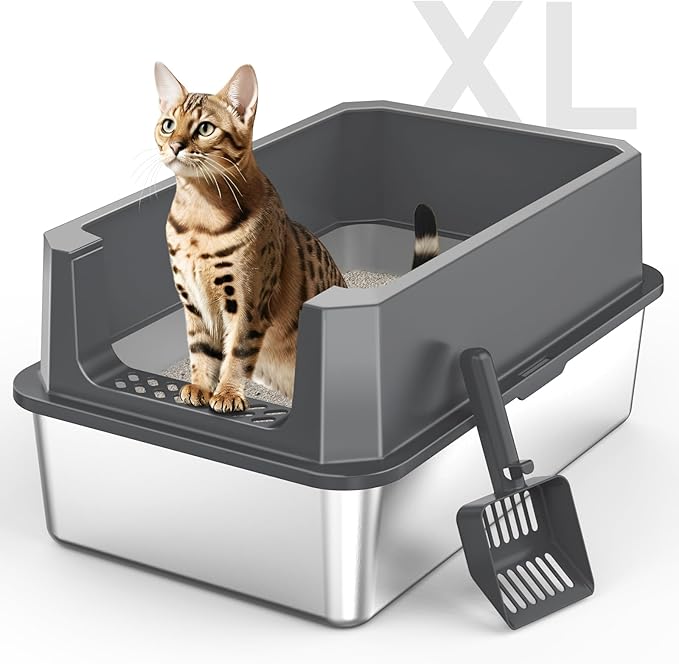 Stainless Steel Litter Box, Extra Large Litter Boxes for Big Cats, XLarge Metal Cat Litter Box with Lid, Anti-Urine Leakage XL Box with High Sides, Easy Clean, Non-Sticky, Scoop Included