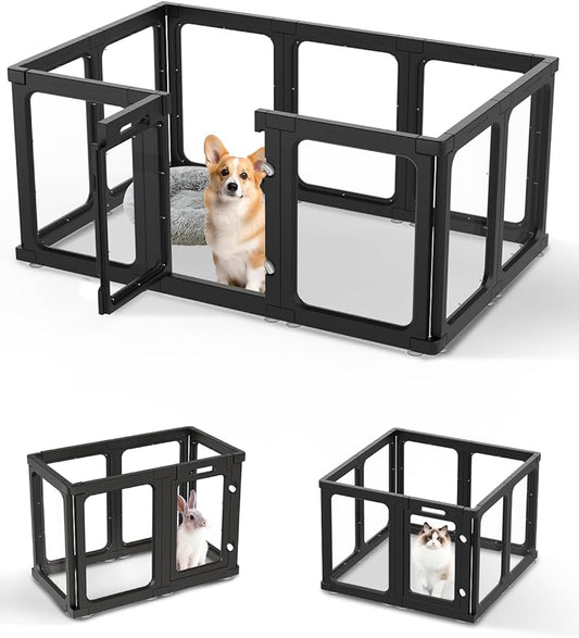 Dog Playpen, Clear Acrylic Plastic Puppy Playpen Indoor, Pet Pen for Puppy Cat Bunny, Transparent Easy Assemble Foldable Whelping Box for Dogs, Puppy Playpen with Gate (23.6" Height, 10PCS)