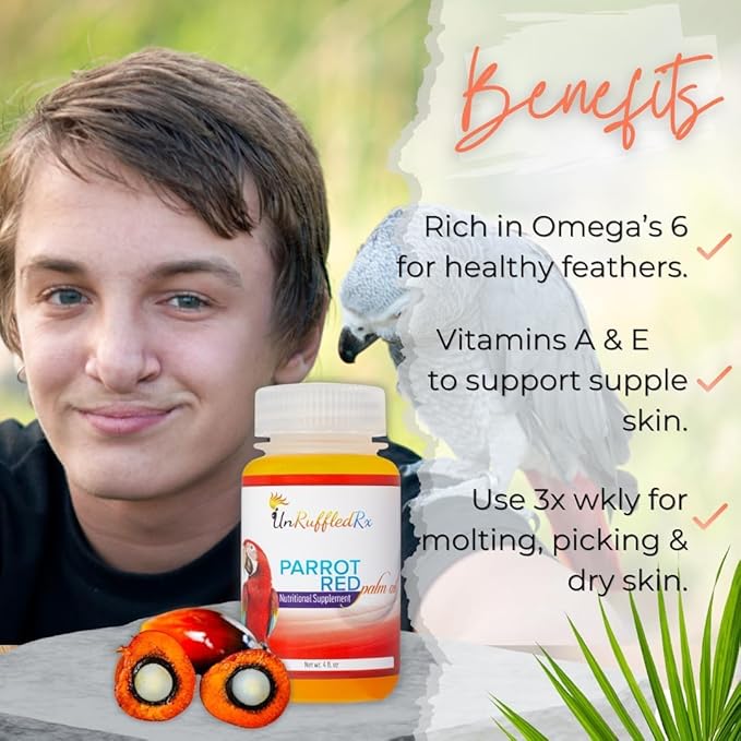 UnRuffledRx™ Red Palm Oil for Birds & Parrots – Supports Skin, Feather, Eye & Immune Health, Rich in Omega Fatty Acids, Antioxidants, Beta Carotene, & Vitamin E – 100% Natural