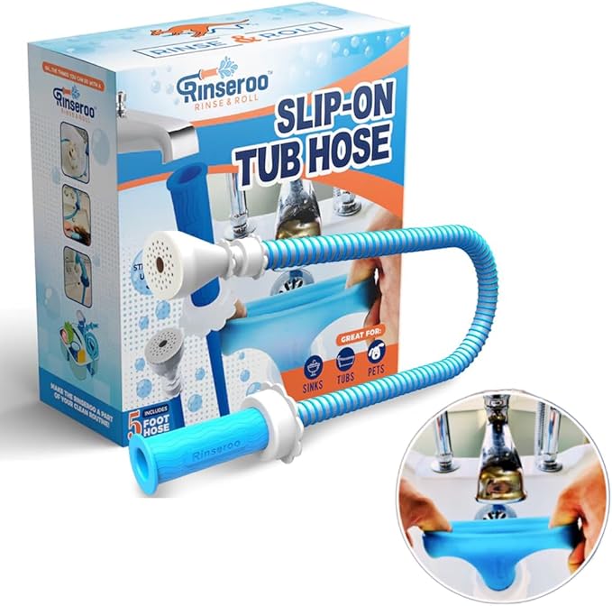 Rinseroo: Slip-On Tub Hose – As Seen on Shark Tank – 5ft Flex Bathtub Faucet Sprayer – Easy Rinse for Pets, Hair & Cleaning – No Installation Needed – Fits Faucets Up to 3” Wide – Mess-Free & Portable