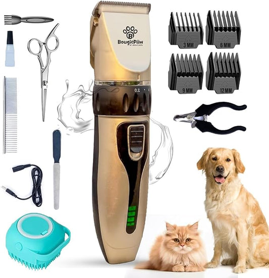Grooming Kit for Dogs at Home - Rechargeable Low Noise Cat and Dog Shavers & Clippers for Grooming Thick Hair - Cordless Grooming Clippers Includes Pet Hair Clippers, Nail Trimmer, Shears & Bath Brush