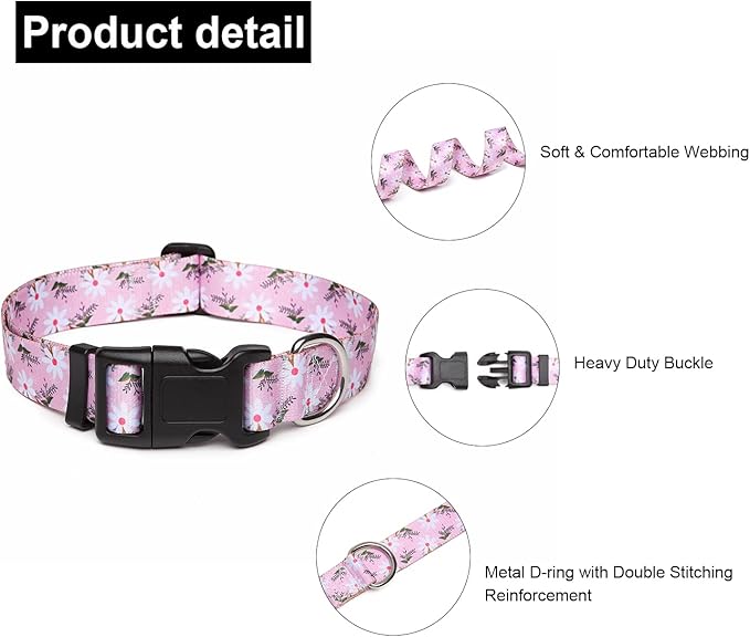 Mercano Adjustable Dog Collar - Special Design Patterns, Soft Nylon Comfortable Durable Pet Collar for Small Medium Large Dogs (S, Pink White Flower)