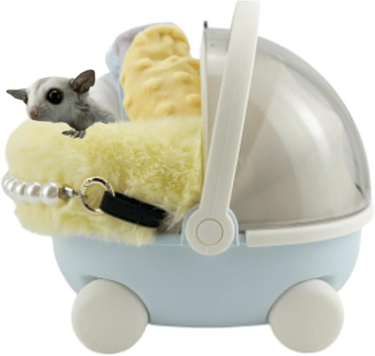 Sugar Glider Carrier Cage with Warm Nest, Cushion, Mat and Safe Lock, Portable Cages with Chain, Small Animals Travel Carrier Plastic Breathable Outgoing Box for Hamsters (Yellow)