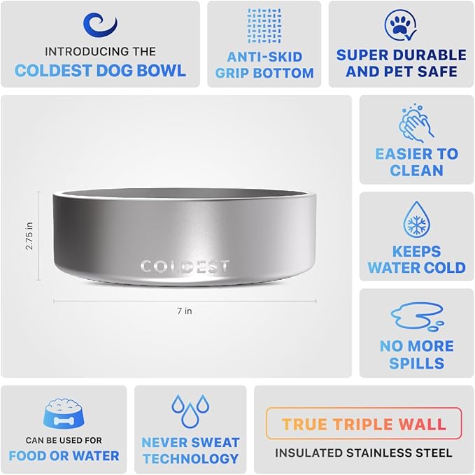 Coldest Dog Bowl - Anti Rust Metal, Non Slip, 3 Layers Insulated Stainless Steel Dog Bowls - Spill Proof & Heavy Duty - Water Bowl for Dogs, Cats, Dish Washer Safe (42 oz, Polished Stainless Steel)