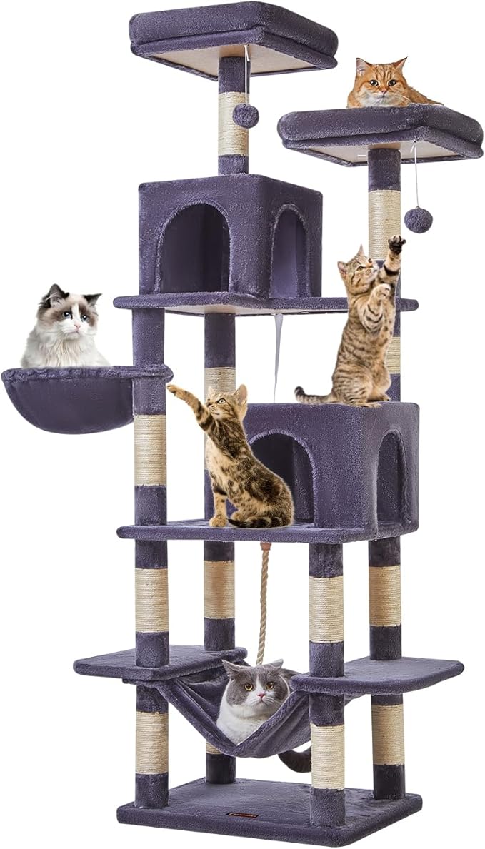 Taoqimiao Cat Tree, 71.7-Inch Cat Tower for Indoor Cats, Plush Multi-Level Cat Condo with 13 Scratching Posts, 2 Perches, 2 Caves, Hammock, 2 Pompoms,Smoky Gray MS013LG