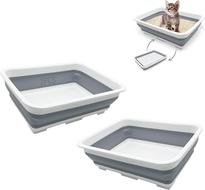 Fhiny 2PCS Open Cat Litter Box, Kitten Potty Pan Semi-Enclosed Foldable Waterproof Travel Toilet Low Entrance for Indoor Cats Small Pet Kitty Rabbit Supplies Easy to Clean and Assemble