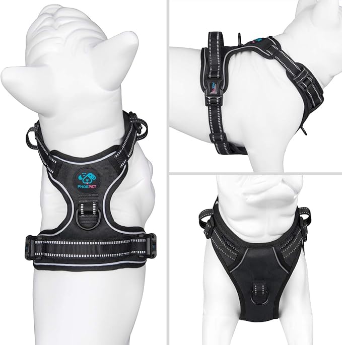 PHOEPET No Pull Dog Harness Medium Reflective Front Clip Puppy Vest with Handle,Adjustable 2 Metal Leash Attachment Hooks(M, Black)