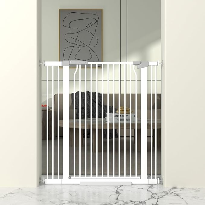 41" Extra Tall Baby Gate for Doorway, 32.6-40.5'' Metal Pet Baby Safe Gate, Extra Wide Pressure Mounted Child Door with Expansion Kit, No Drilling Cat Fence Indoor, No Climb Cat Proof Gate, White