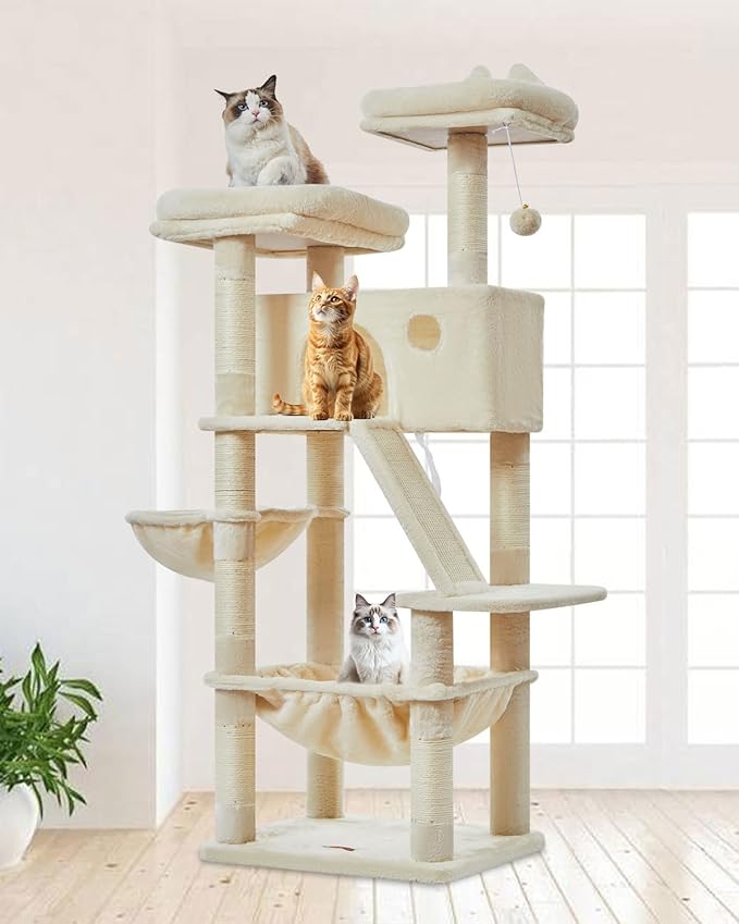 Taoqimiao Cat Tree 57.5-Inch, Cat Tower for Indoor Cats Large Adult, Extra Large Cat Condo, 8 Sisal Scratching Posts, Metal Frame Cozy Hammock, Durable Scratch Board, 2 Top Perches, Beige MS026M