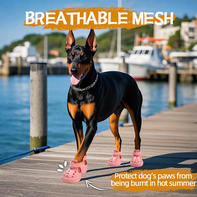 JZXOIVA Dog Shoes for Hot Pavement, Dog Booties for Large Dogs, Breathable Dog Boots & Paw Protectors, Adjustable Non-Slip Dog Rain Booties, Waterproof Pets Sandals for Beach Pink Size 7