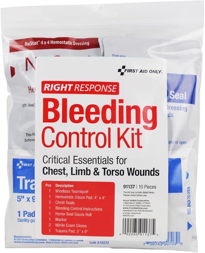 First Aid Only 91137 Critical Essentials Bleeding Control Kit for Chest, Limb & Torso Wounds, 10 Pieces